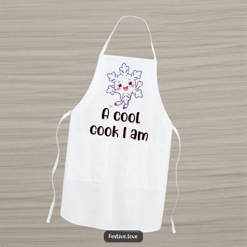 Funny apron showing a happy snowflake character twirling in the air, perfect for humorous winter baking.