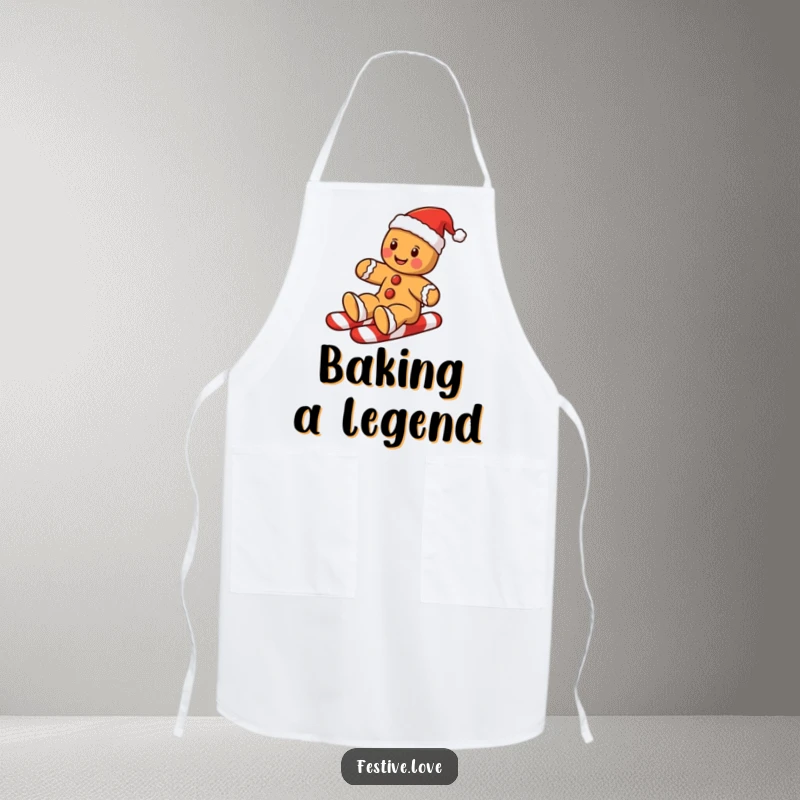 Funny gingerbread man apron showing a cookie sliding down a candy cane, embodying festive baking fun.