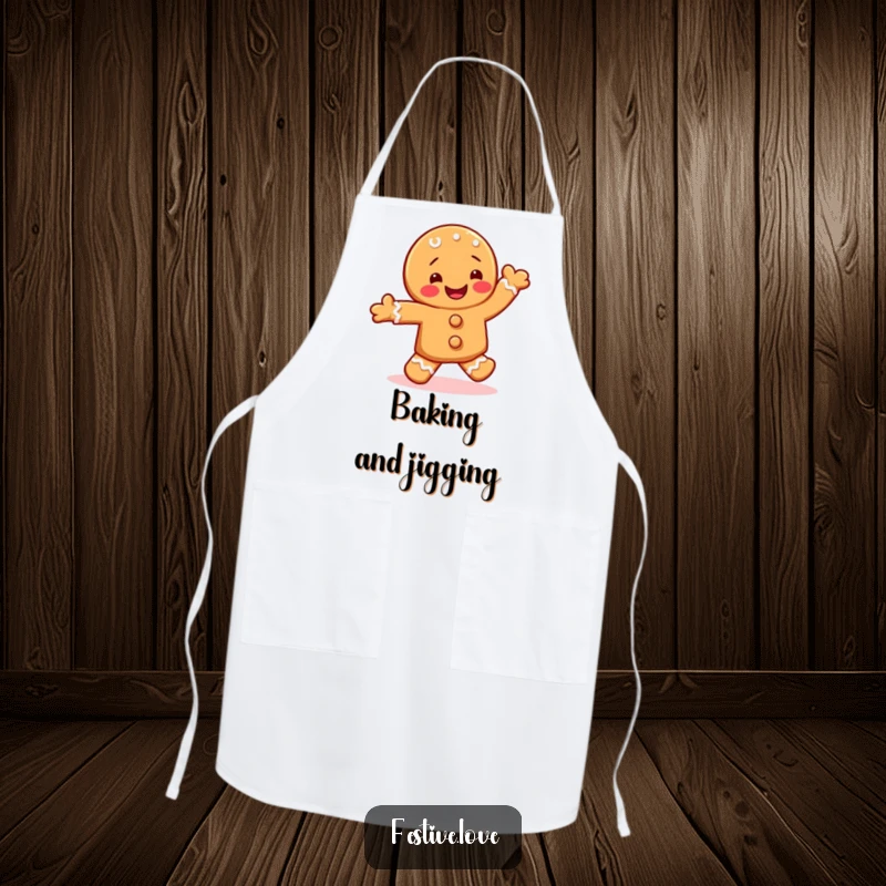 Funny kitchen apron with a happy gingerbread cookie character joyfully doing a jig, ready for holiday baking.