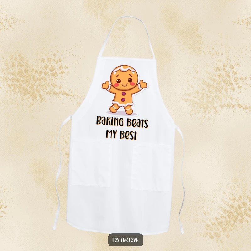 Funny gingerbread man apron featuring a smiling character dancing with frosting accents, perfect for kitchen use.