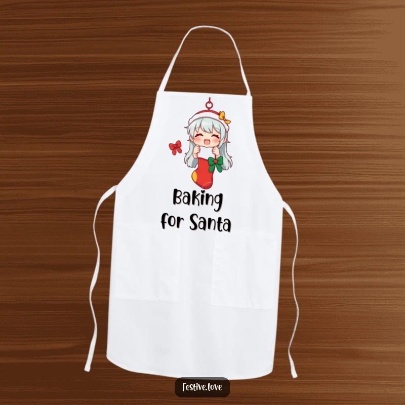 Funny apron featuring a character hanging a festive stocking, perfect for holiday baking and kitchen fun.