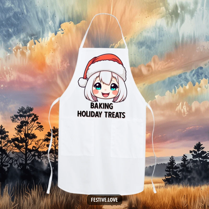 Funny Apron: A Santa hat character cheerfully bobbing with festive holiday spirit and kitchen readiness.