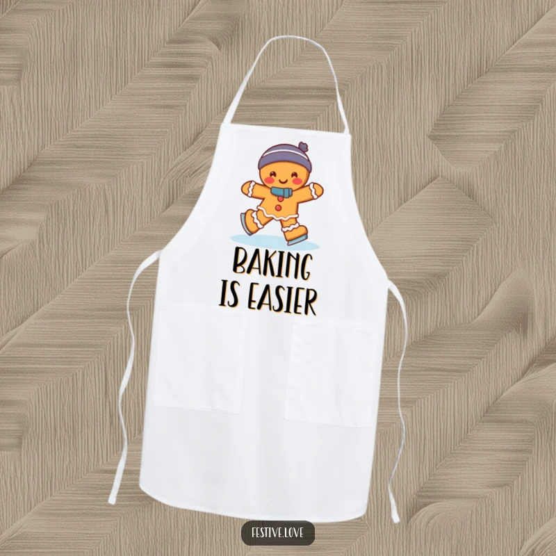 Funny gingerbread man ice skating with a joyful wobble, illustrated on a kitchen apron, perfect for humorous cooking gift.