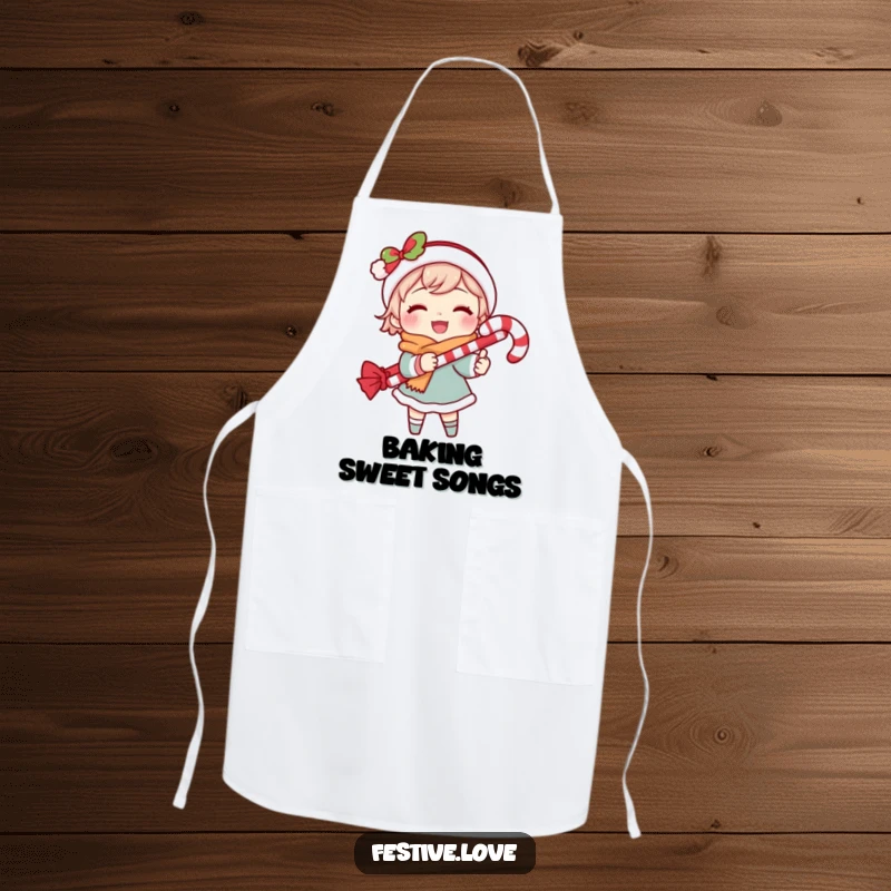 Funny apron showing a character enthusiastically caroling, a candy cane present, for a humorous and festive cooking experience.