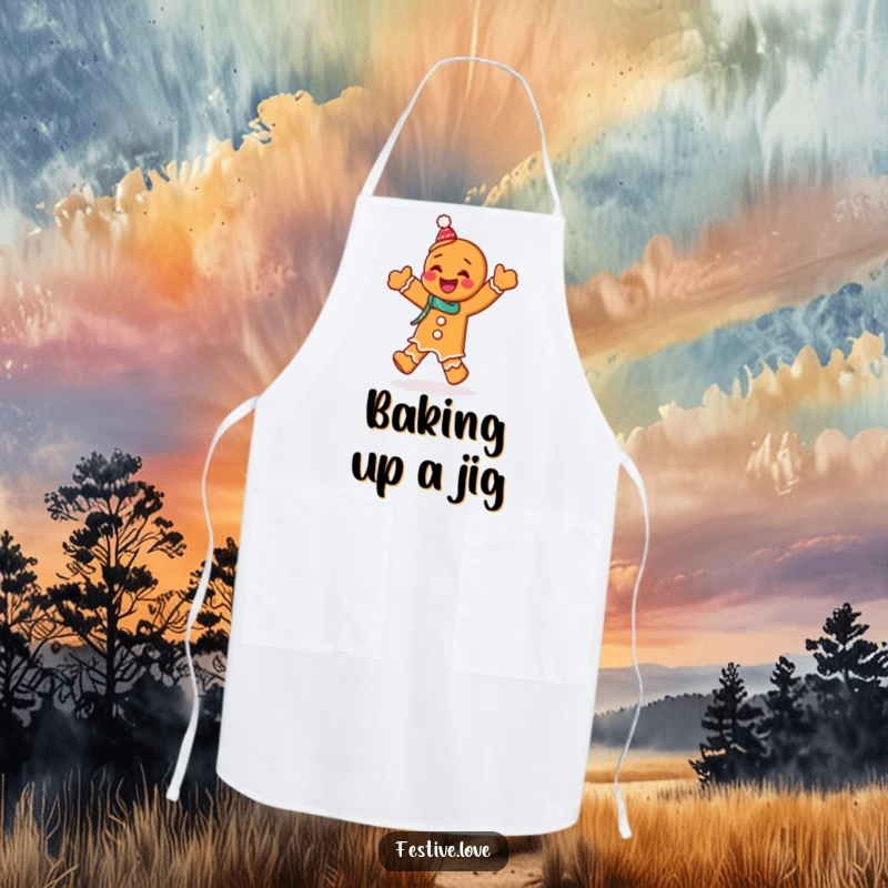 Funny apron featuring a giggling gingerbread man character doing a festive jig, perfect for baking and kitchen protection.