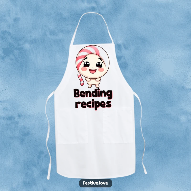 Funny candy cane character apron bending into a wide smile, perfect for cooking with holiday cheer and playful sweetness.