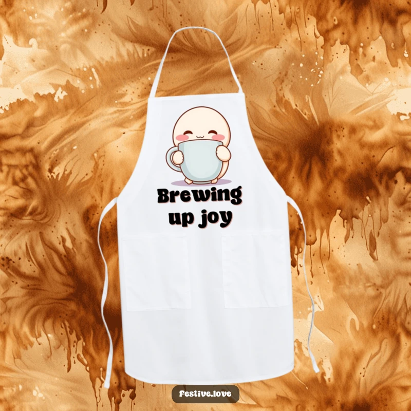 Funny apron featuring a round, rosy-cheeked character hugging a steaming mug with pure delight, ideal for kitchen use.