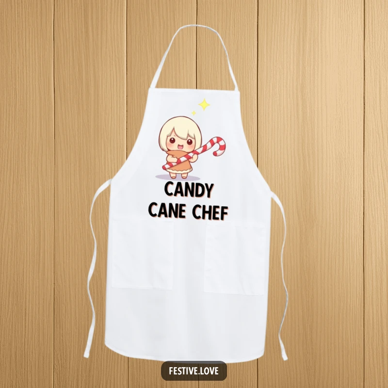 Funny kitchen apron showing a character wielding a candy cane like a magic wand, with a happy glint, perfect for holiday culinary spells.