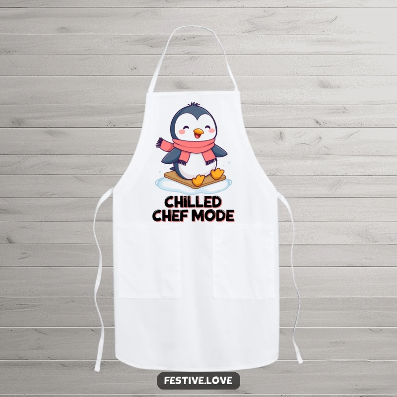 Funny apron featuring a happy penguin in a scarf, gliding with glee across a slick icy surface.