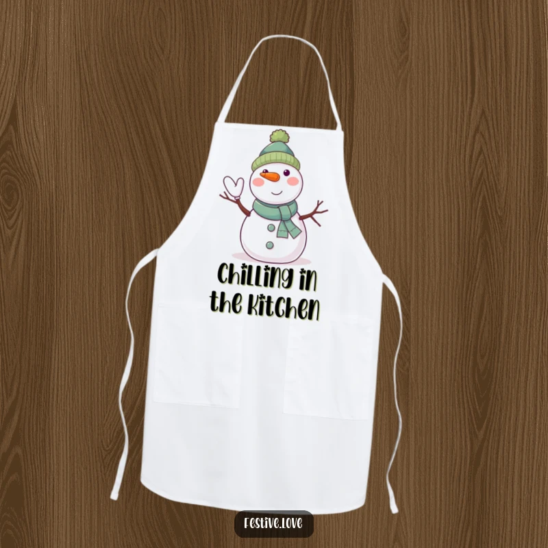 Funny snowman apron featuring a jolly character waving with twig arms and a carrot nose, perfect for kitchen use.