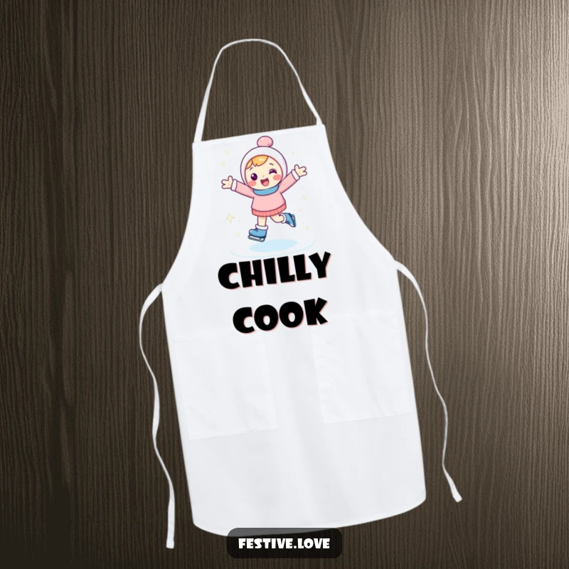 Funny apron featuring a happy character ice skating with arms outstretched, kicking up sparkly ice, ideal for kitchen use.