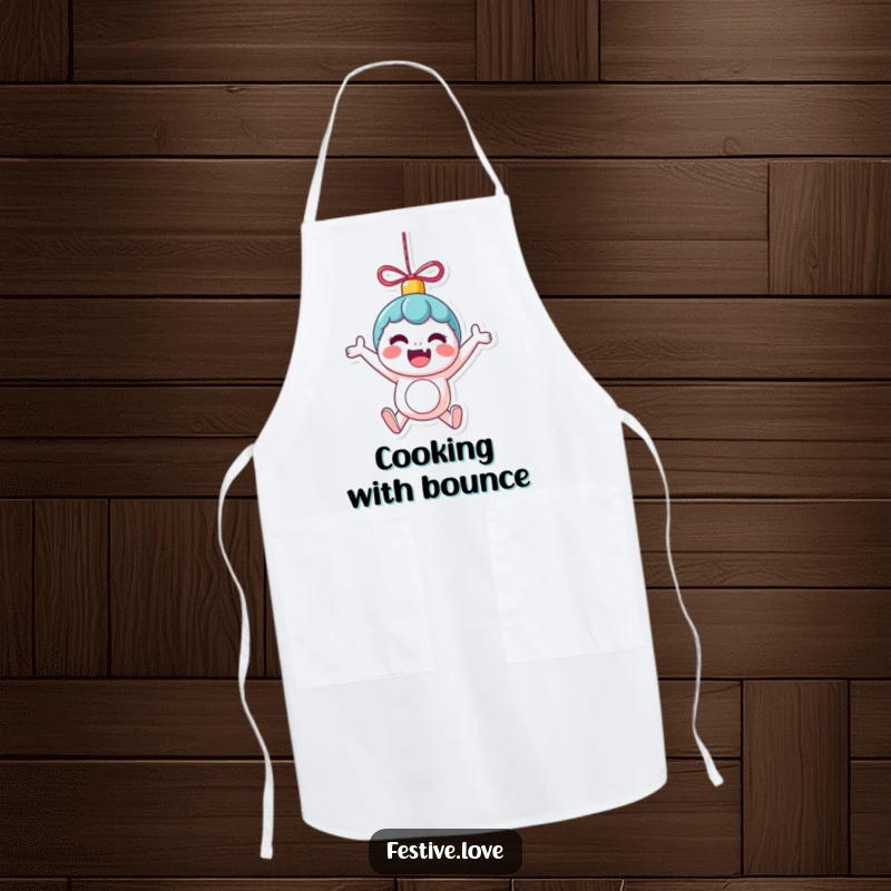 Funny Apron: A kawaii ornament character bounces with excitement in the kitchen, a humorous and practical gift for cooks.