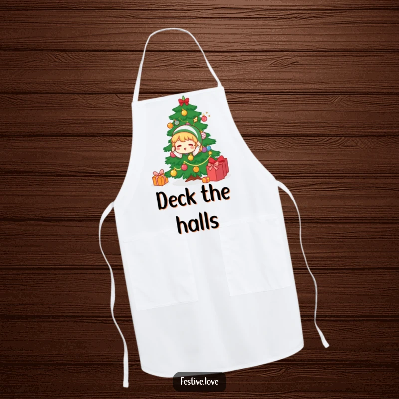 Funny apron showing a cheerful character decorating a Christmas tree, ideal for adding humor to holiday baking and kitchen activities.