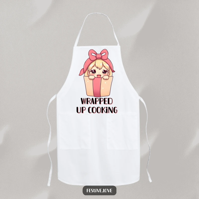 Funny kitchen apron featuring a cute, joyful present character peeking from a ribbon, perfect for culinary fun.