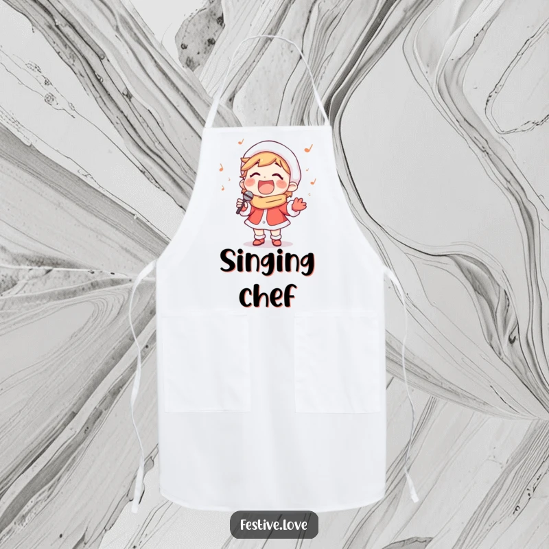 Funny apron with a happy carol singer character belting out a tune with a wide smile, ideal for festive chefs.