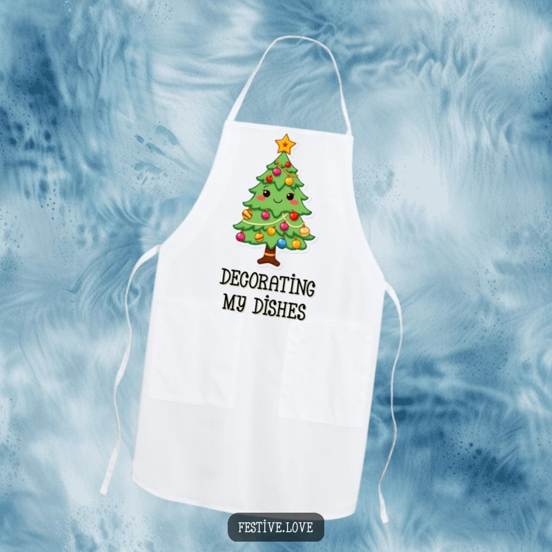 Funny Christmas tree apron featuring a cheerful character decorated with shining ornaments and a star, perfect for kitchen use.