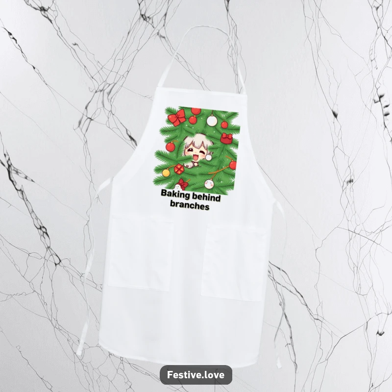 Funny apron featuring a character peeking from behind a Christmas tree, perfect for holiday cooking and playful hosts.