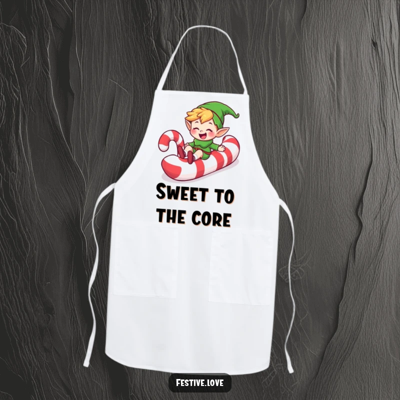 Funny happy elf character sliding down a giant candy cane with a grin, on a kitchen apron, a humorous baking gift.