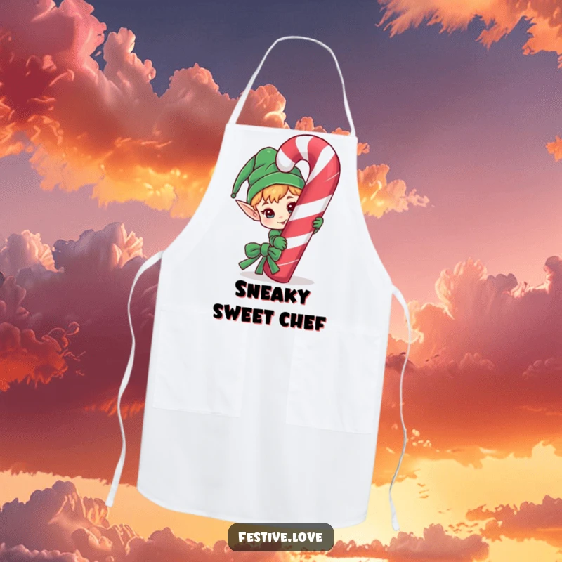 Funny kitchen apron with a mischievous elf character peeking slyly from behind a giant candy cane.