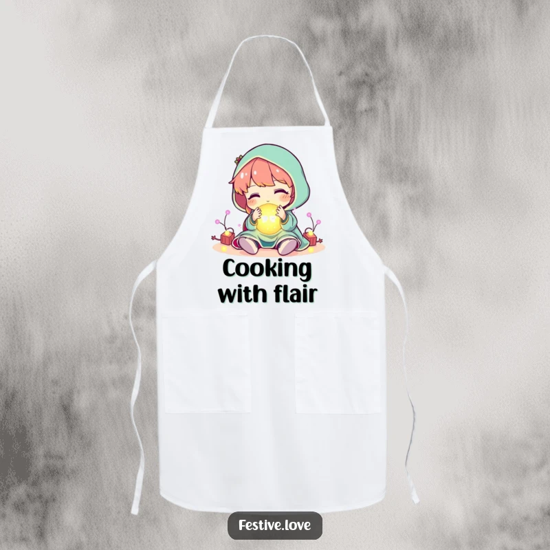 Funny character playing with a ball of glowing, festive lights, on a kitchen apron, a humorous cooking gift.