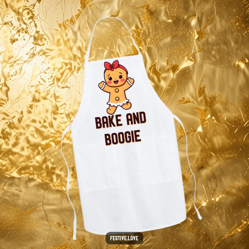 Funny gingerbread dancer apron, a happy character dancing while cooking, ideal for holiday kitchen activities.