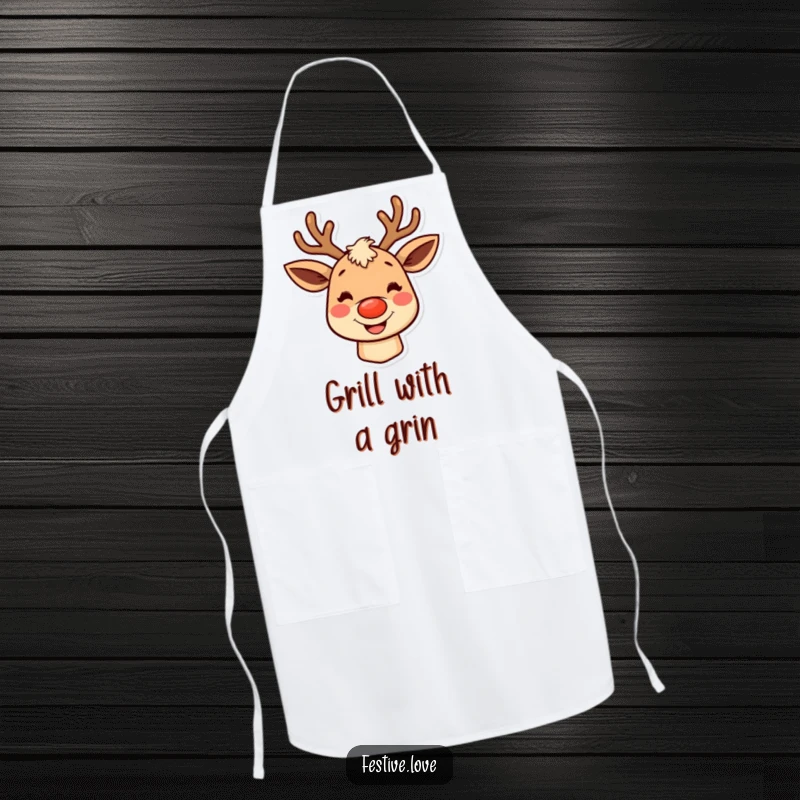 Funny reindeer apron, a cheerful character with rosy cheeks and a big grin, ready to assist in the holiday kitchen.