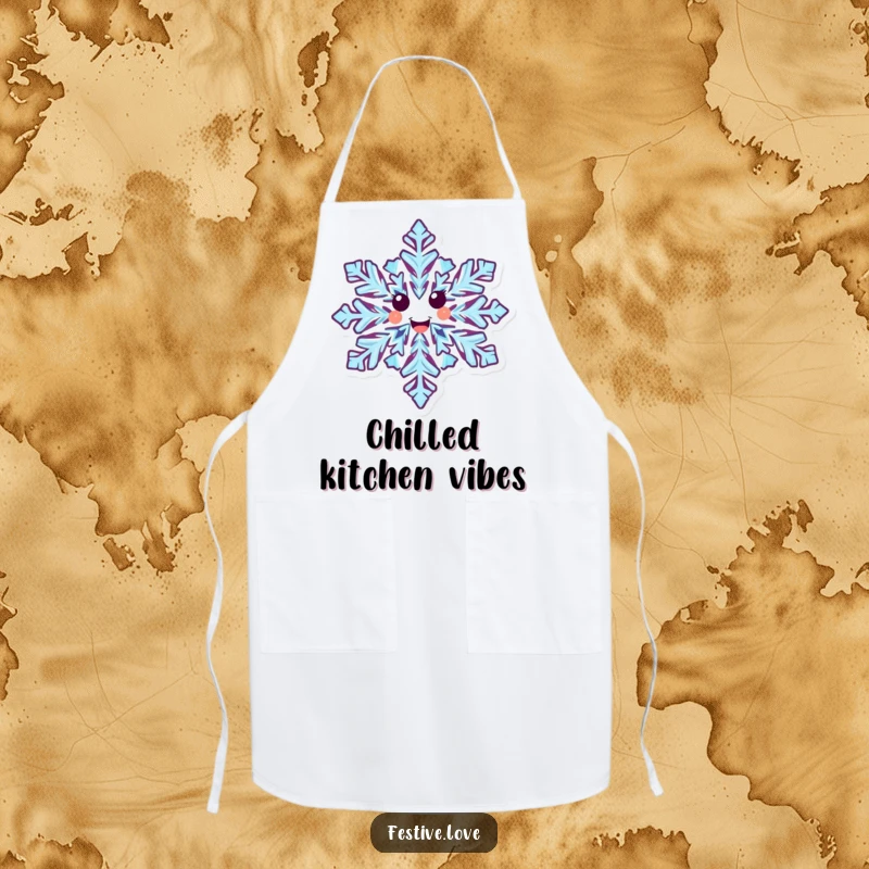 Funny apron featuring a happy snowflake character with detailed icy patterns, joyfully spinning during a winter scene.