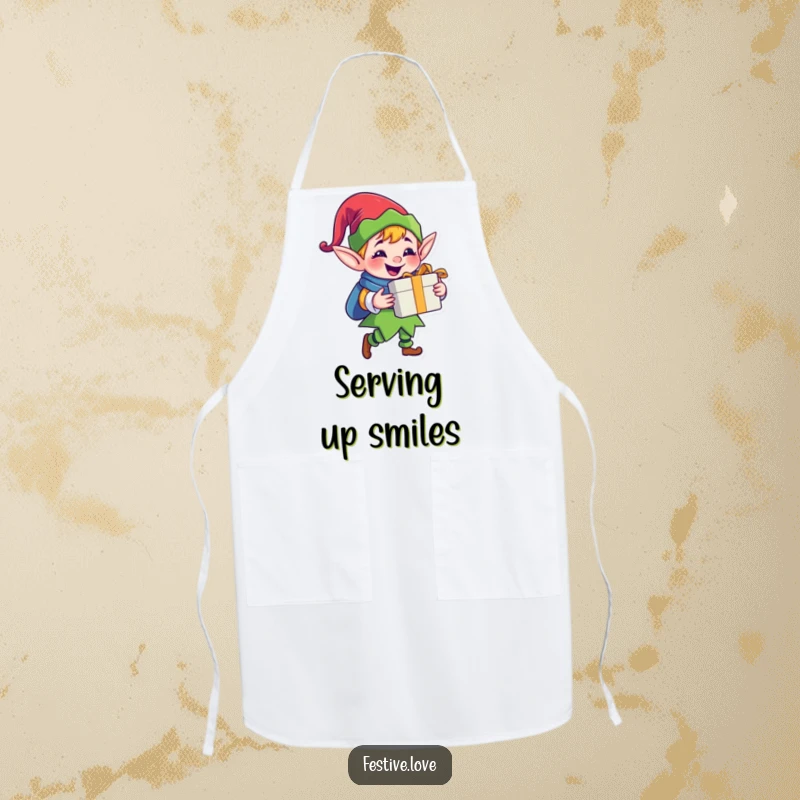 Funny jolly elf apron with a happy cartoon elf character delivering a gift with a big grin, ideal for cheerful holiday baking.