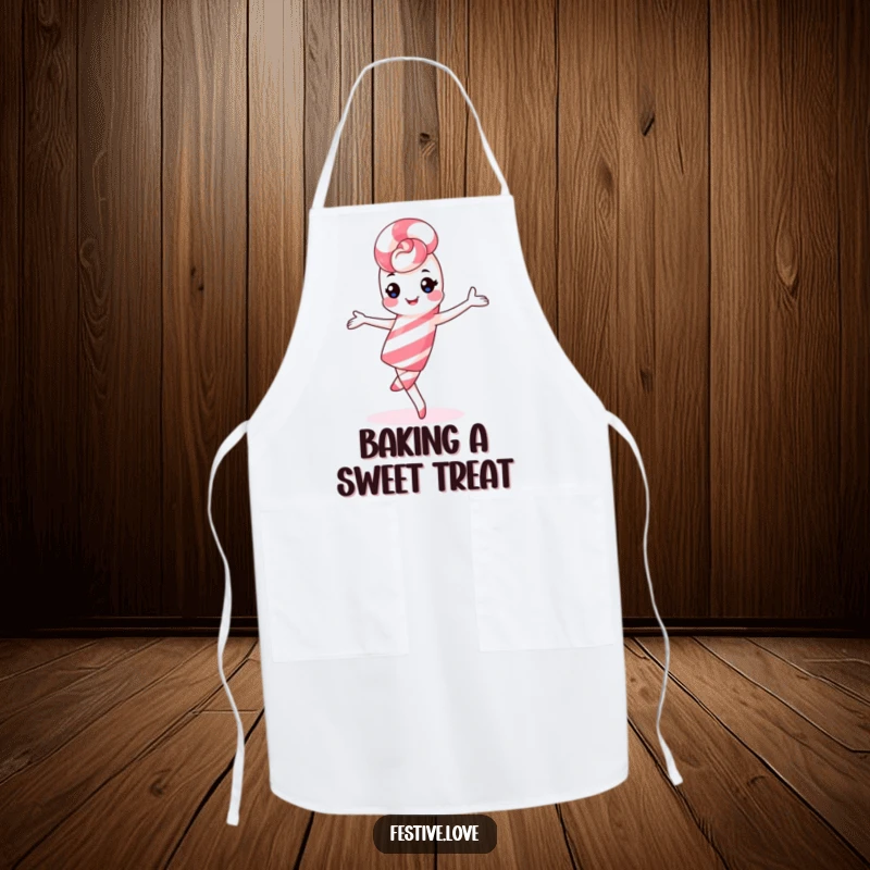 Funny kawaii candy cane apron, playful pirouette, cheerful kitchen accessory for holiday baking.