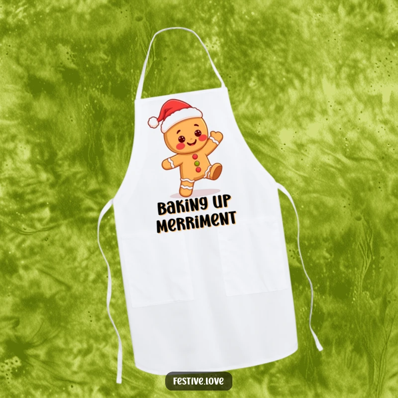 Funny kawaii gingerbread man wearing a Santa hat, dancing joyfully, designed for a humorous and festive kitchen apron.