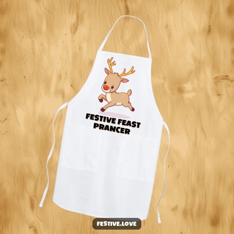 Funny kawaii reindeer with twinkling antlers, prancing gleefully, designed for a humorous and festive kitchen apron.