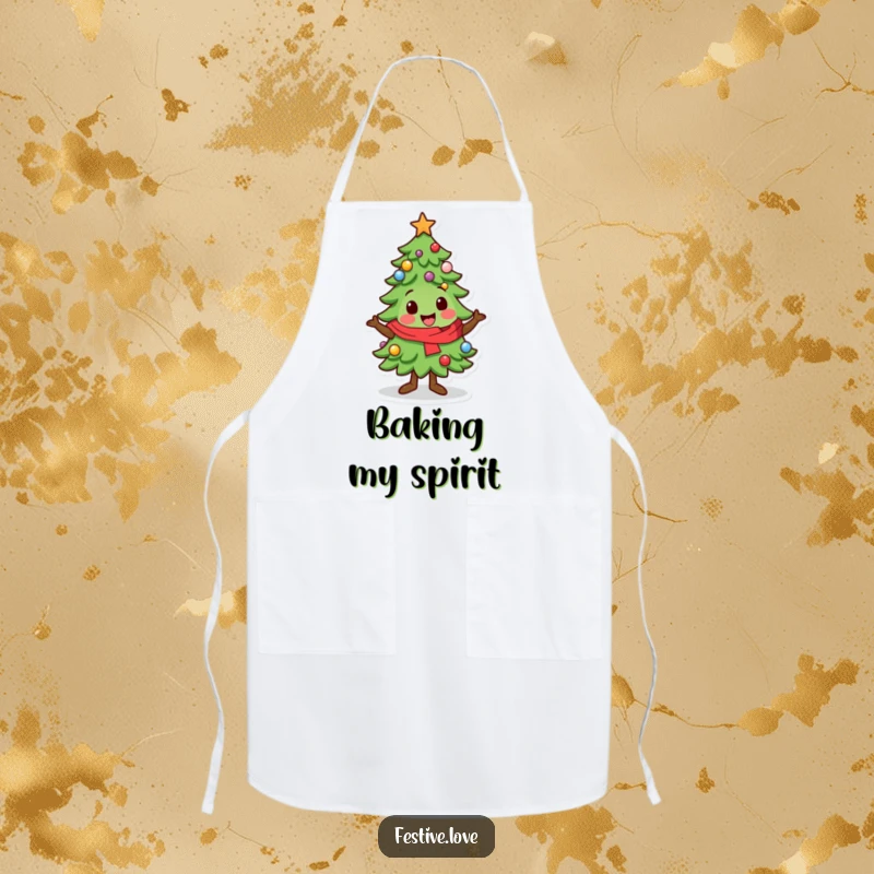 Funny Apron: A kawaii Christmas tree character performs a festive wiggle while cooking, a humorous and practical kitchen accessory.