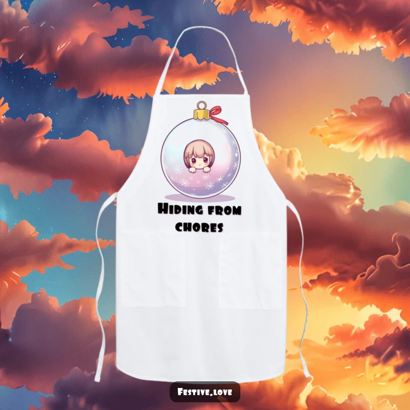 Funny kitchen apron with a character peeking from a big, glittery Christmas ornament, adding humor to holiday cooking and baking adventures.