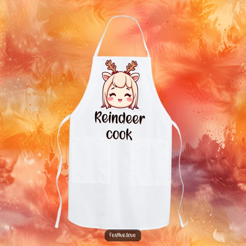 Funny kitchen apron showing a smiling character wearing tiny reindeer antlers, looking excited, perfect for adding holiday fun to cooking.
