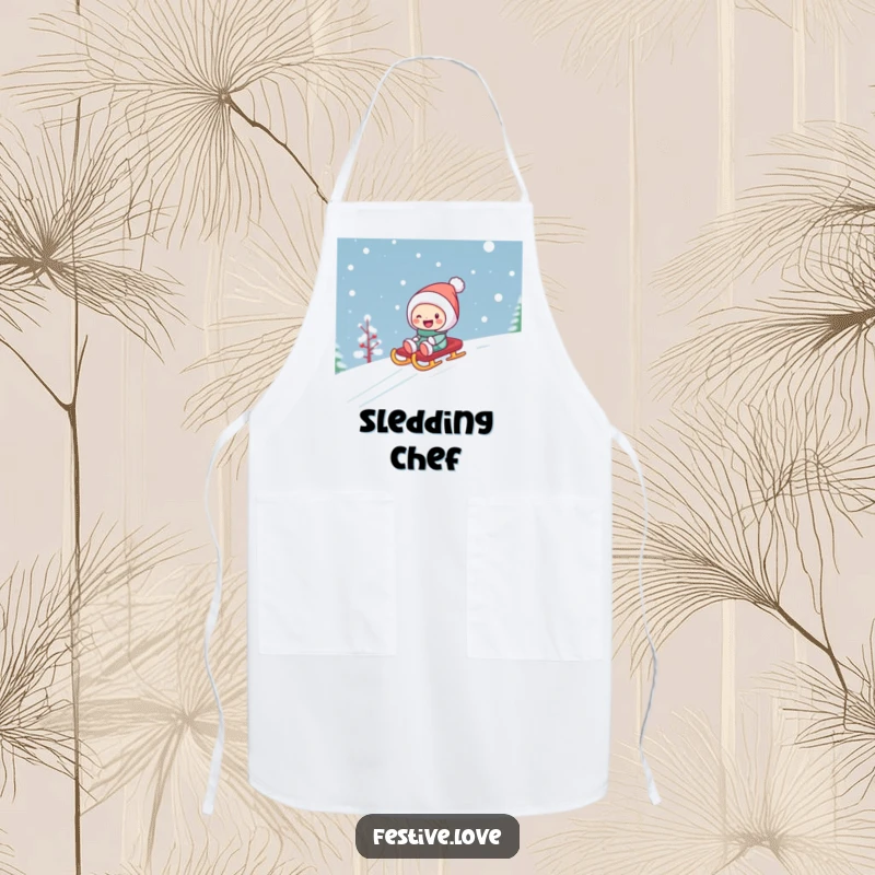 Funny kitchen apron showing a character happily sledding down a snowy hill on a bright sled, adding humor to culinary tasks.