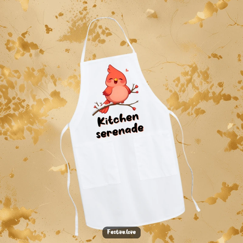 Funny apron featuring a plump, red cardinal character singing joyfully on a snowy branch, winter kitchen accessory.