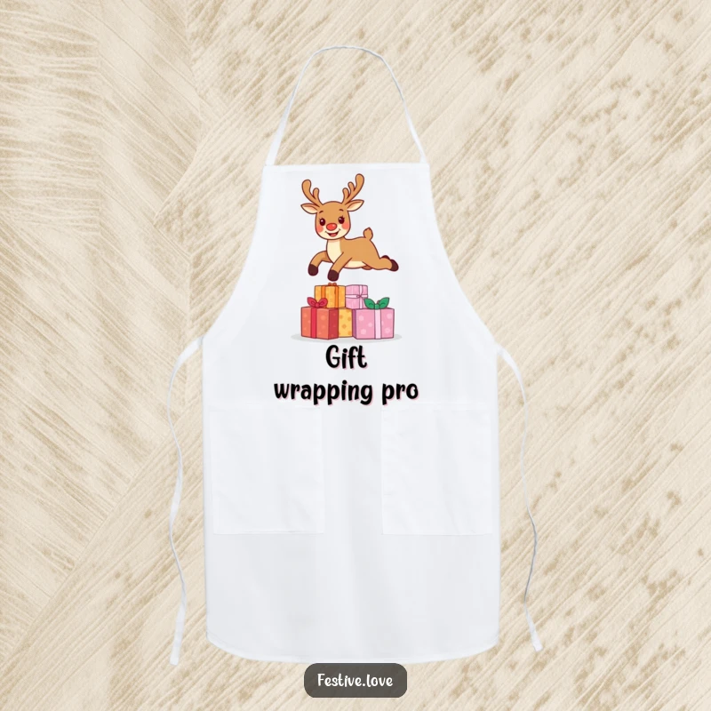 Funny apron showcasing a cheerful reindeer character mid-leap over a stack of Christmas gifts, ideal for festive bakers and chefs.