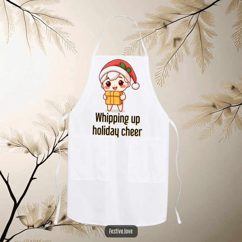 Funny Santa apron featuring a cute character in a Santa hat, smiling and holding a gift box, ideal for cooks.