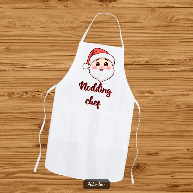 Funny Santa hat character apron nodding cheerfully, perfect for festive cooking and spreading holiday cheer in the kitchen.