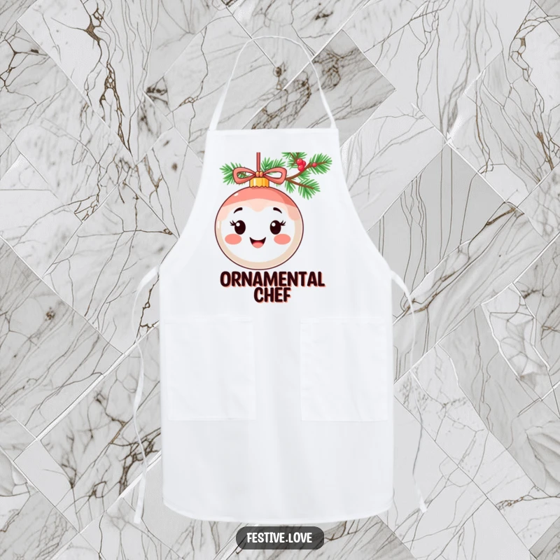 Funny apron featuring a smiling ornament character with a cheerful expression, hanging from a holiday garland.