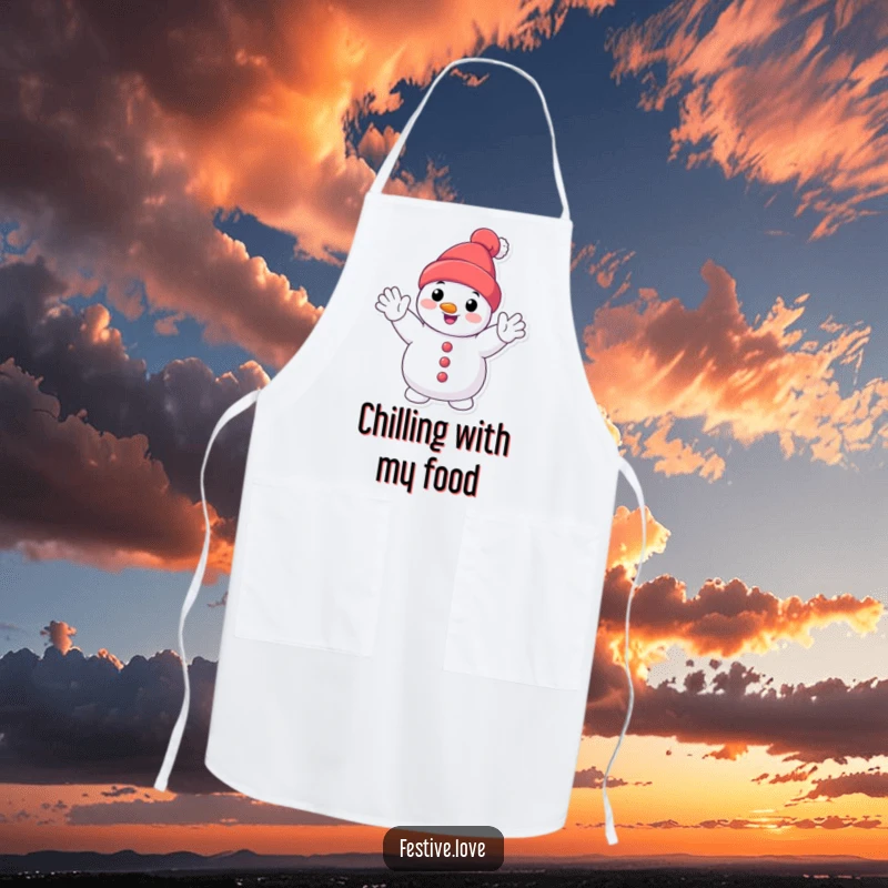 Funny smiling snowman apron with a happy cartoon snowman character waving enthusiastically, ideal for cheerful winter cooking.