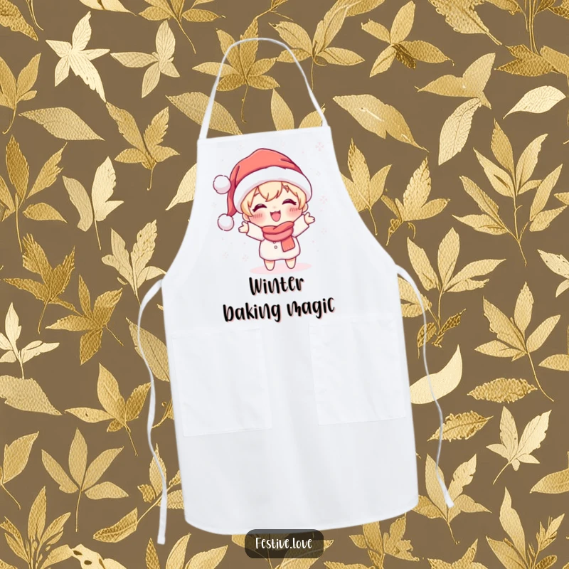 Funny apron featuring a cute character in a Santa hat joyfully throwing sparkling snowflakes, ideal for kitchen use.