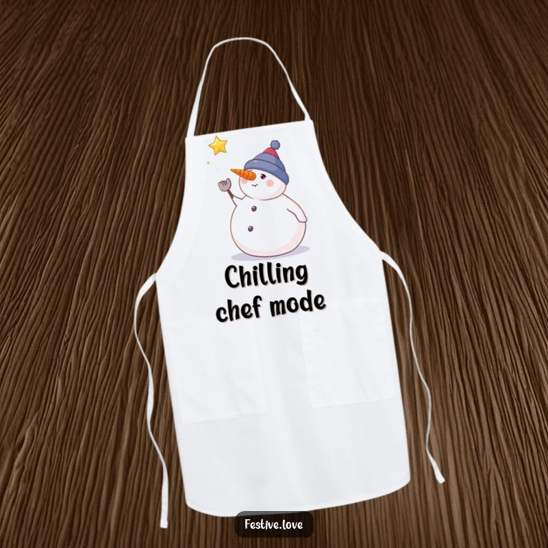Funny snowman apron showing a snowman watching a falling star, perfect for festive holiday cooking.