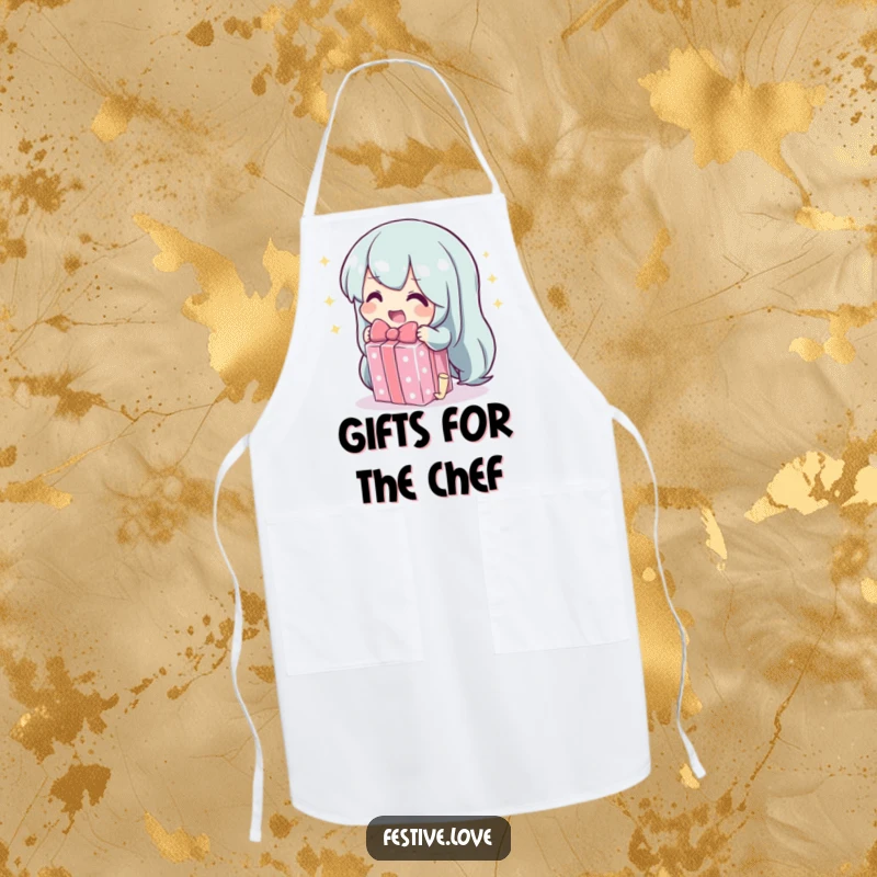 Funny apron featuring a character unwrapping a sparkling gift, perfect for hosts and gift-giving occasions.