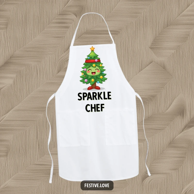 Funny Christmas tree apron, a cheerful sparkling character, ready to assist in the holiday kitchen.
