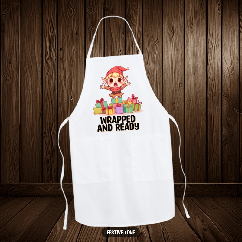 Funny apron depicting a shocked elf character leaping with excitement from behind a huge pile of holiday presents.