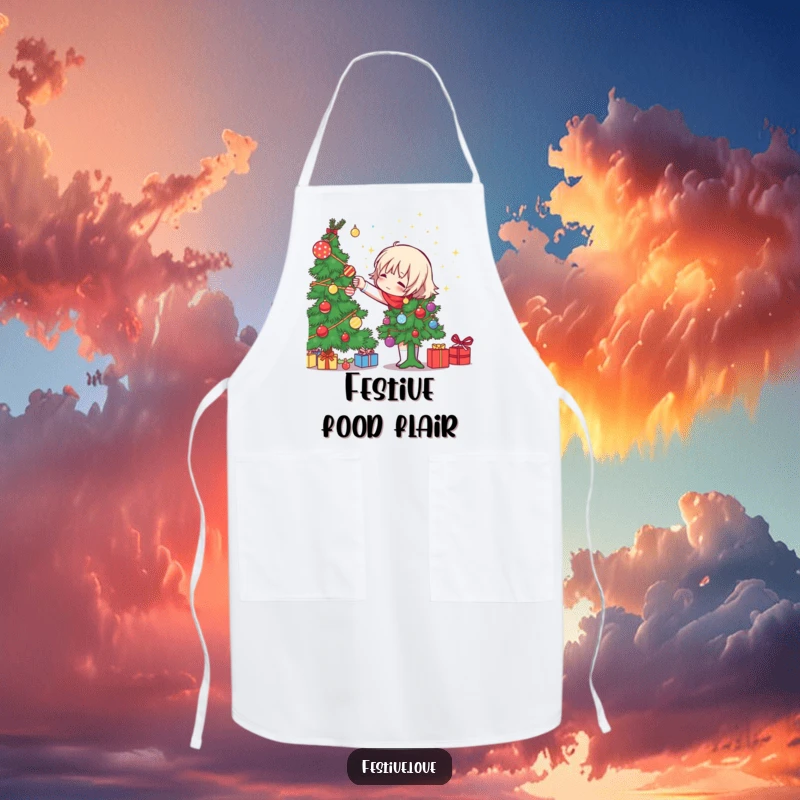 Funny character decorating a Christmas tree, with sparkly ornaments flying, on a kitchen apron, a humorous cooking gift.