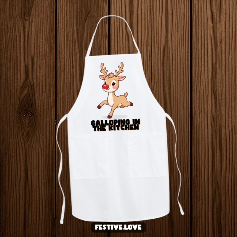 Funny reindeer apron featuring a playful character prancing with a twinkling red nose, perfect for kitchen use.