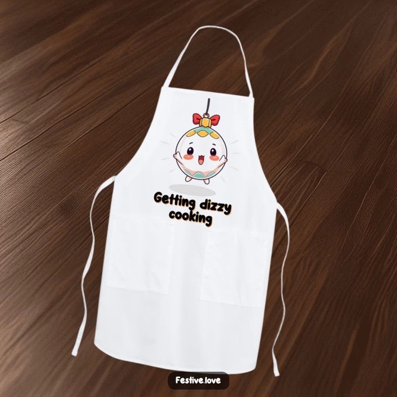 Funny apron featuring a surprised Christmas ornament character spinning rapidly, perfect for holiday cooking and kitchen protection.