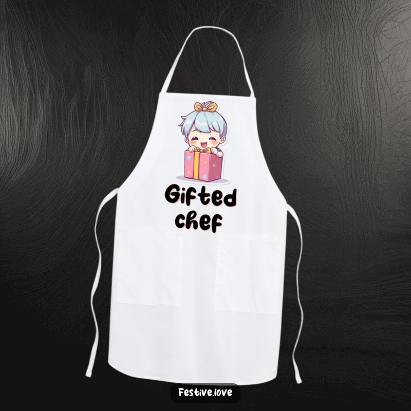 Funny apron featuring a little character enthusiastically unwrapping a brightly colored present, ideal for kitchen use.